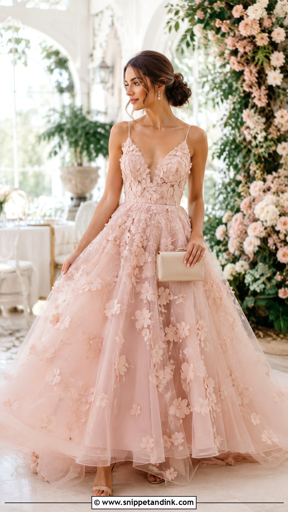 Blush Floral Ball Gown With Nude Heels - Snippet and Ink - 20 Modern Ball Gown Ideas