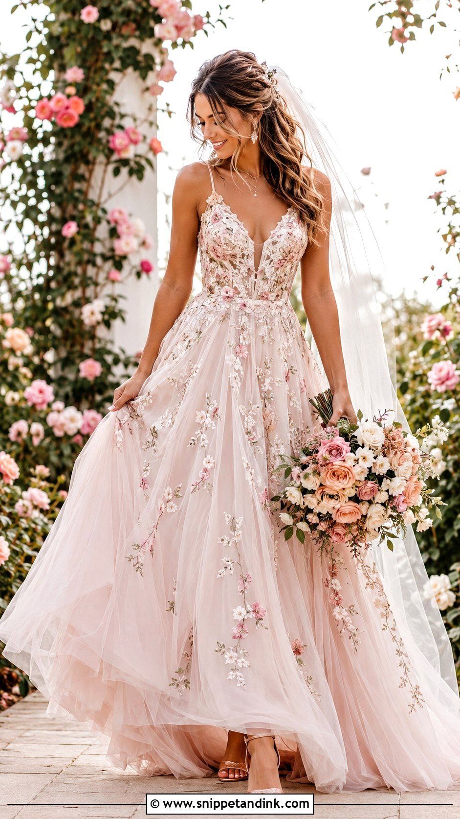 Blush Floral Garden Party Wedding Dress With Rose Gold Accessories - Snippet and Ink - 20 Garden Party Wedding Dress the Bride Ideas