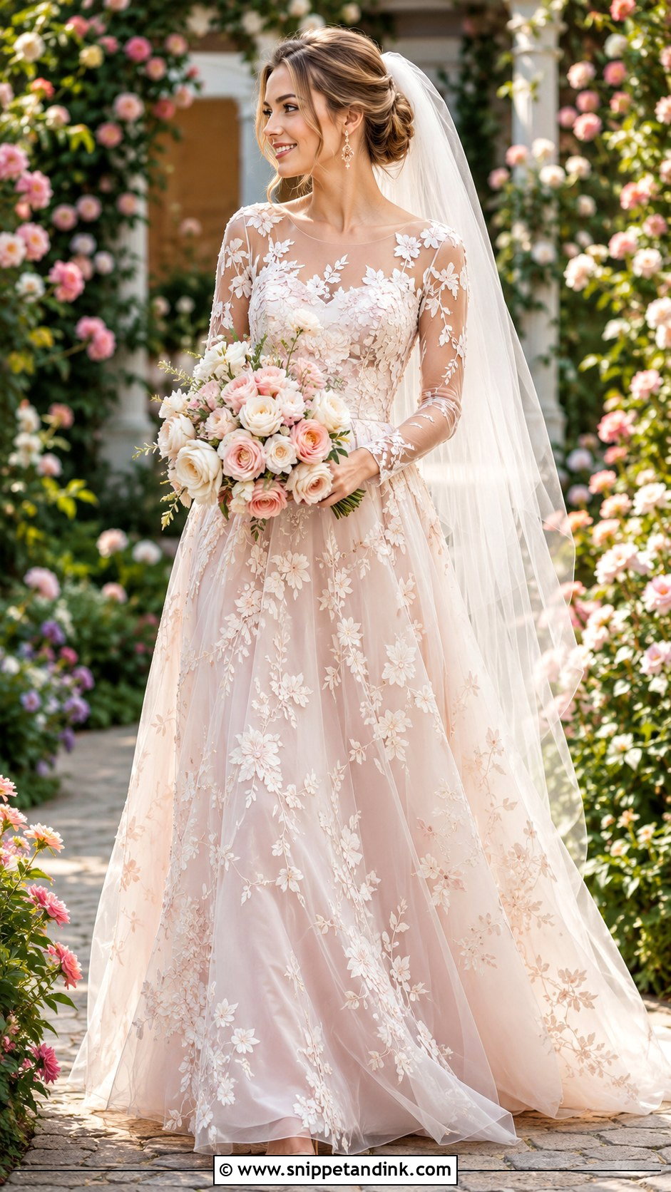 Blush Floral Sleeve Wedding Dress - Snippet and Ink - 20 Whimsical Wedding Dress with Sleeves