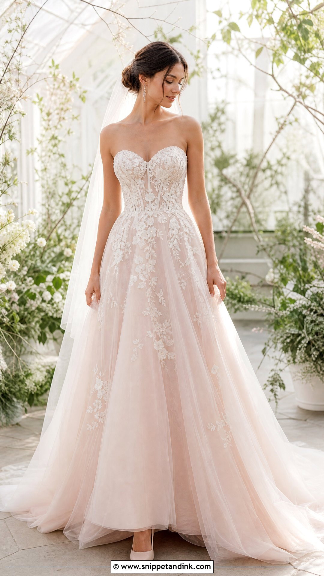 Blush Floral Strapless Sweetheart Wedding Dress - Snippet and Ink - 20 Strapless Sweetheart Wedding Dress Ideas