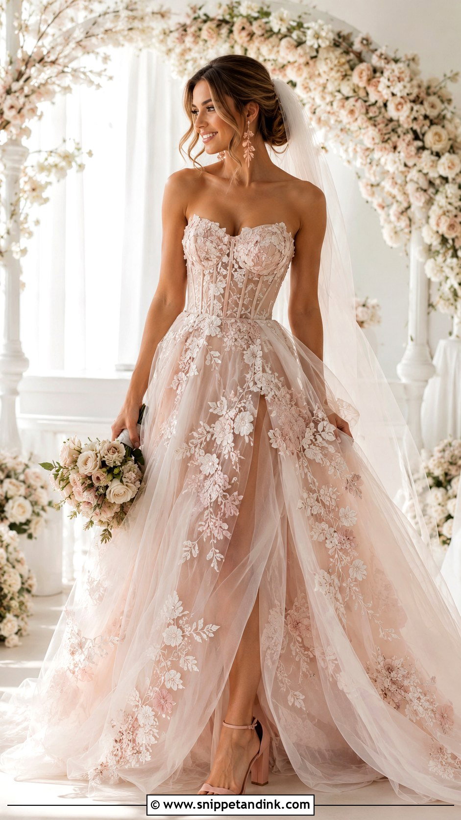 Blush Floral Tulle Wedding Dress - Snippet and Ink - 20 Flowered Wedding Dress Ideas