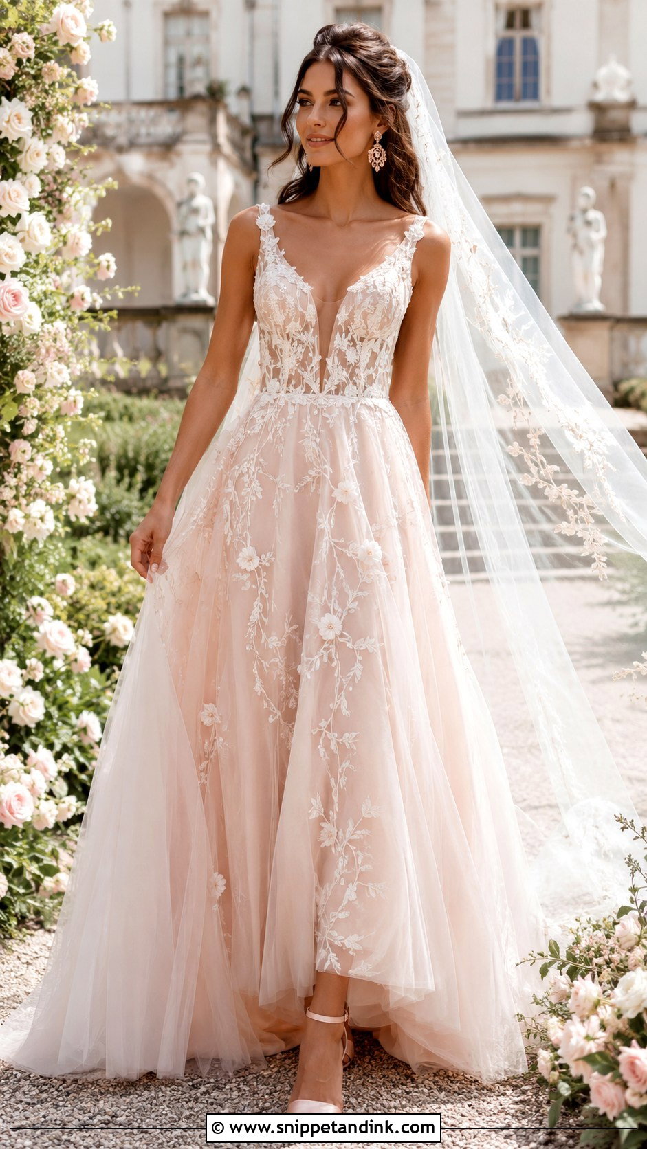Blush Floral Tulle Wedding Dress - Snippet and Ink - 20 Botanical Wedding Dress Ideas