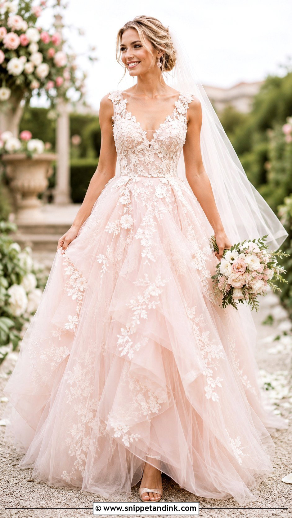 Blush Floral Tulle Wedding Gown - Snippet and Ink - 20 Floral Flower Wedding Dress Gown Ideas