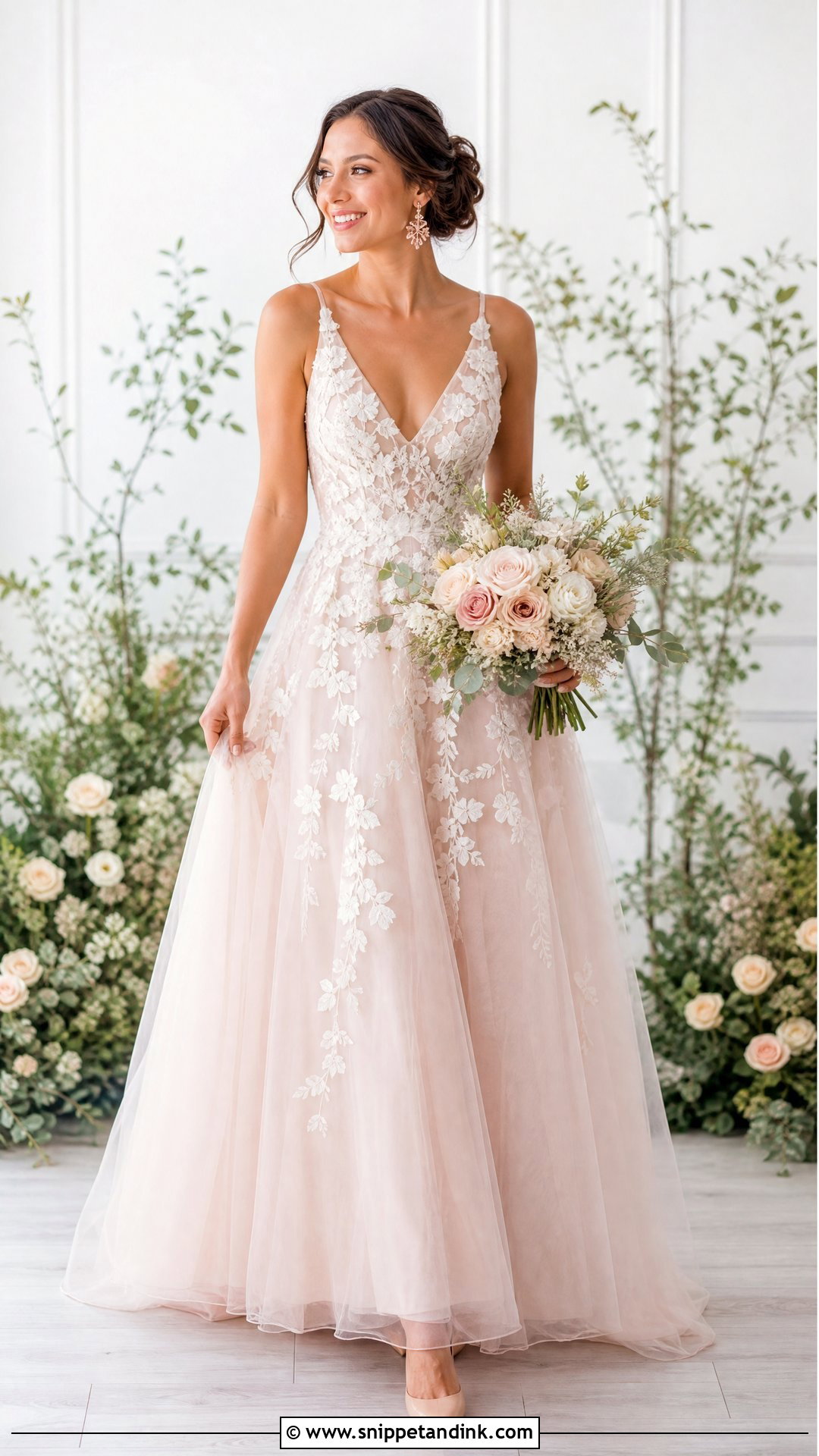 Blush Floral Wedding Dress With Nude Heels - Snippet and Ink - 25 Floral Wedding Dress Ideas