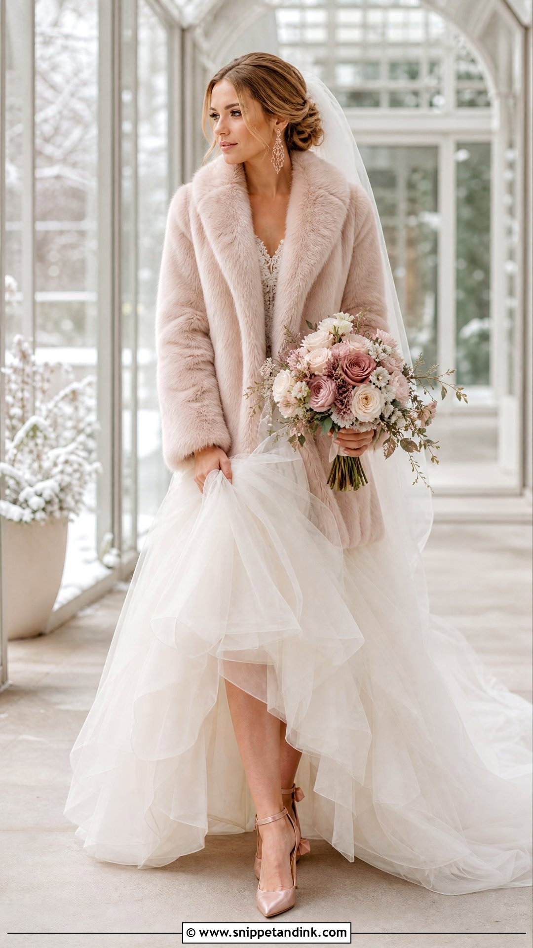 Blush Fur Coat With Tulle Wedding Gown - Snippet and Ink - 20 Wedding Fur Coat Ideas