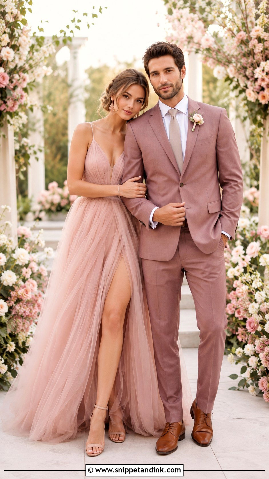 Blush Gown And Dusty Rose Suit Couple Wedding Outfit - Snippet and Ink - 20 Couple Matching Wedding Outfits