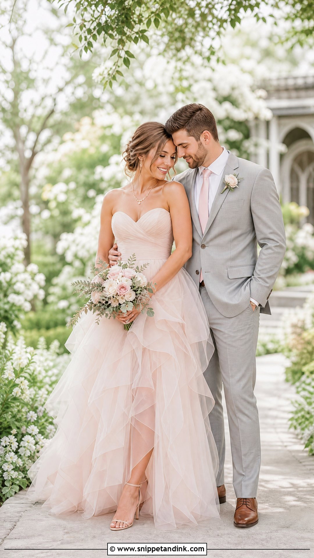 Blush Gown And Light Gray Suit Wedding Outfit - Snippet and Ink - 25 Wedding Outfits for Couples