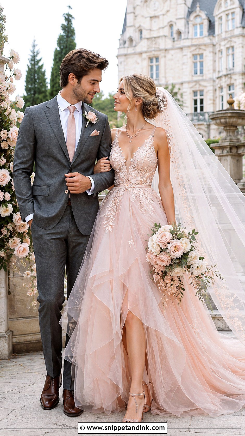 Blush Gown Bridal Couple Outfit - Snippet and Ink - 20 Bridal Couple Ideas