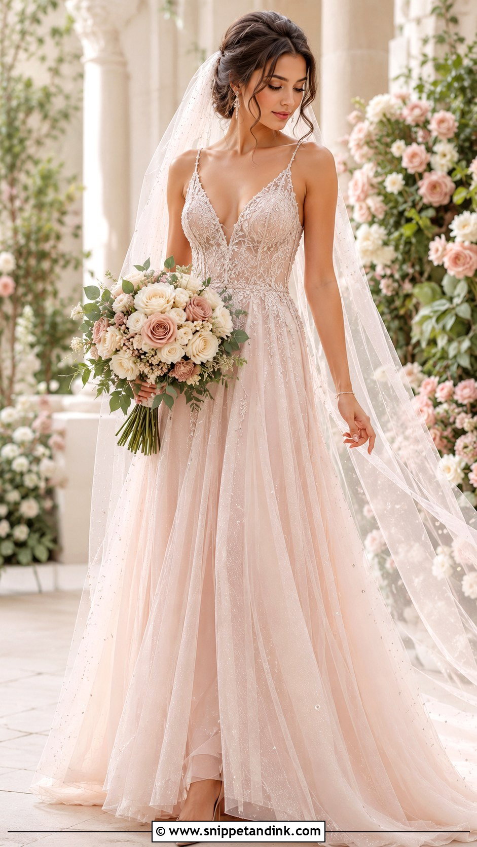 Blush Gown with Sparkle Veil - Snippet and Ink - 20 Gown with Veil Ideas