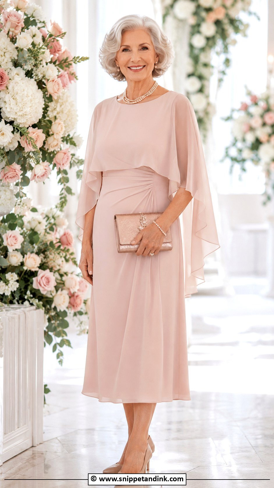 Blush Grandmother Wedding Outfit With Capelet - Snippet and Ink - 30 Grandmother Wedding Outfit Ideas
