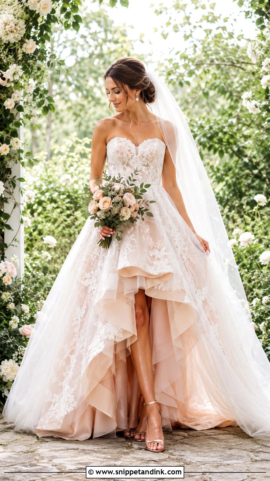 Blush High Low Wedding Dress With Rose Gold Heels - Snippet and Ink - 20 High Low Wedding Dresses