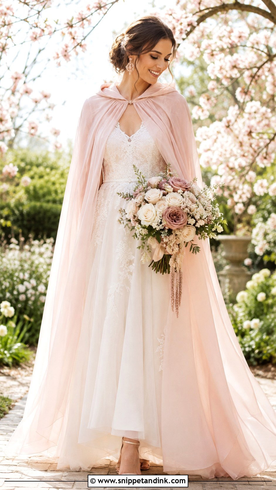 Blush Hooded Wedding Cape With Ivory Wedding Dress - Snippet and Ink - 20 Wedding Cape with Hood Ideas
