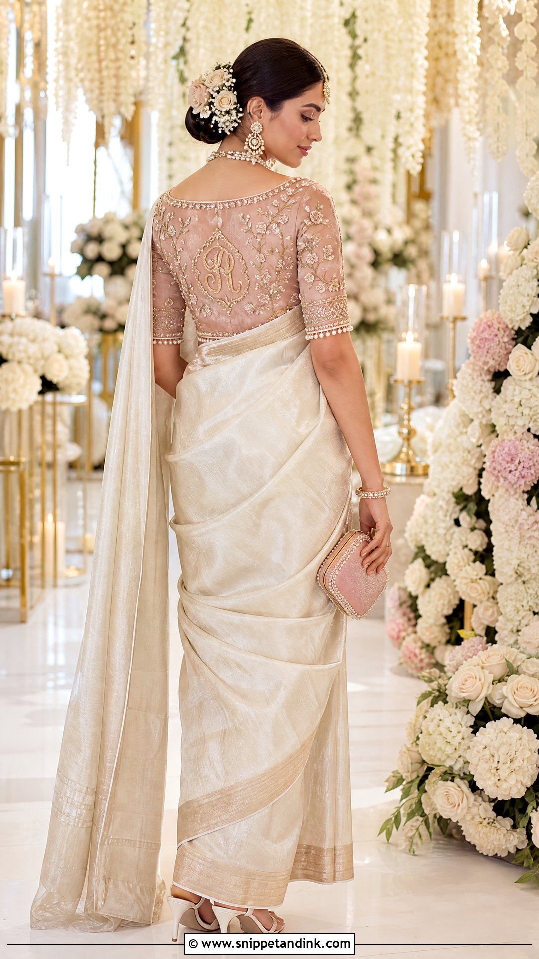 Blush Initial Maggam Work Blouse With Ivory Saree - Snippet and Ink - 20 Wedding Maggam Work Blouse Designs