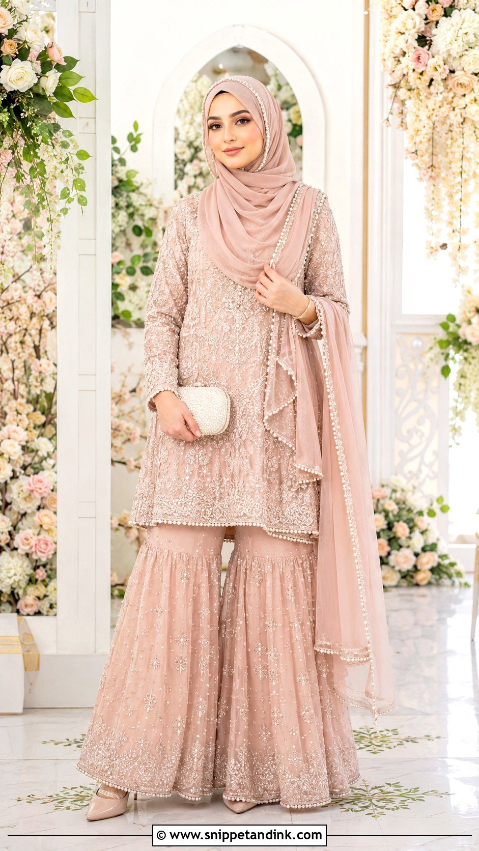 Blush Islamic Bridal Sharara With Pearl Dupatta - Snippet and Ink - 20 Islamic Bride Dress Ideas