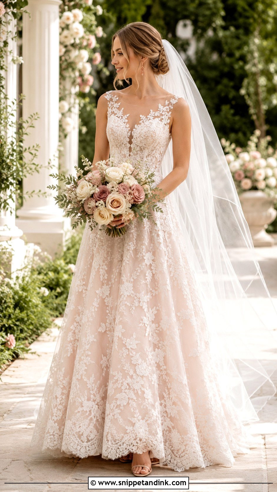 Blush Lace A Line Wedding Dress - Snippet and Ink - 20 Lace Aline Wedding Dress Ideas