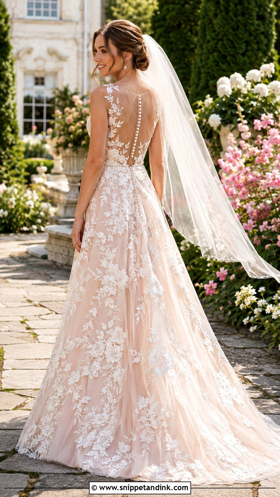 Blush Lace Back Wedding Dress - Snippet and Ink - 20 Lace Back Wedding Dress Ideas