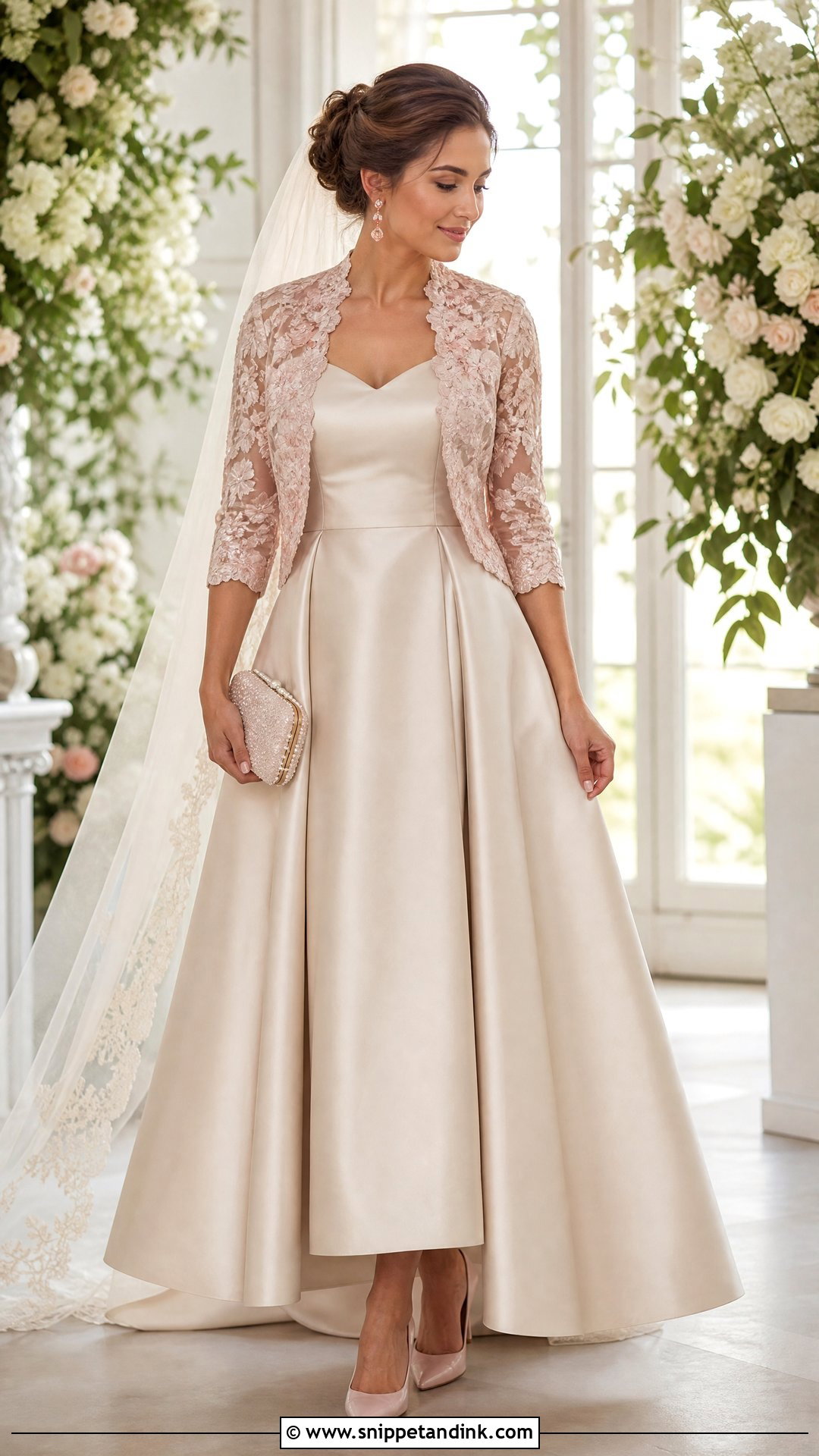 Blush Lace Bolero With Champagne Wedding Dress - Snippet and Ink - 25 Lace Bolero Wedding Ideas