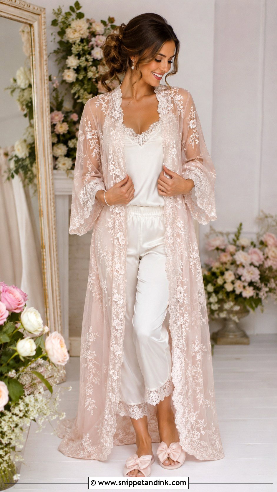 Blush Lace Bridal Robe With Ivory Pajamas - Snippet and Ink - 20 Lace Bridal Robe Ideas