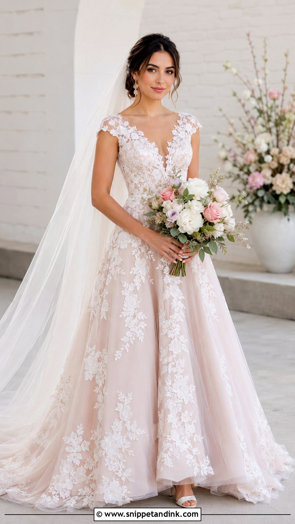 Blush Lace Cap Sleeve Wedding Dress - Snippet and Ink - 20 Lace Cap Sleeve Wedding Dress Ideas