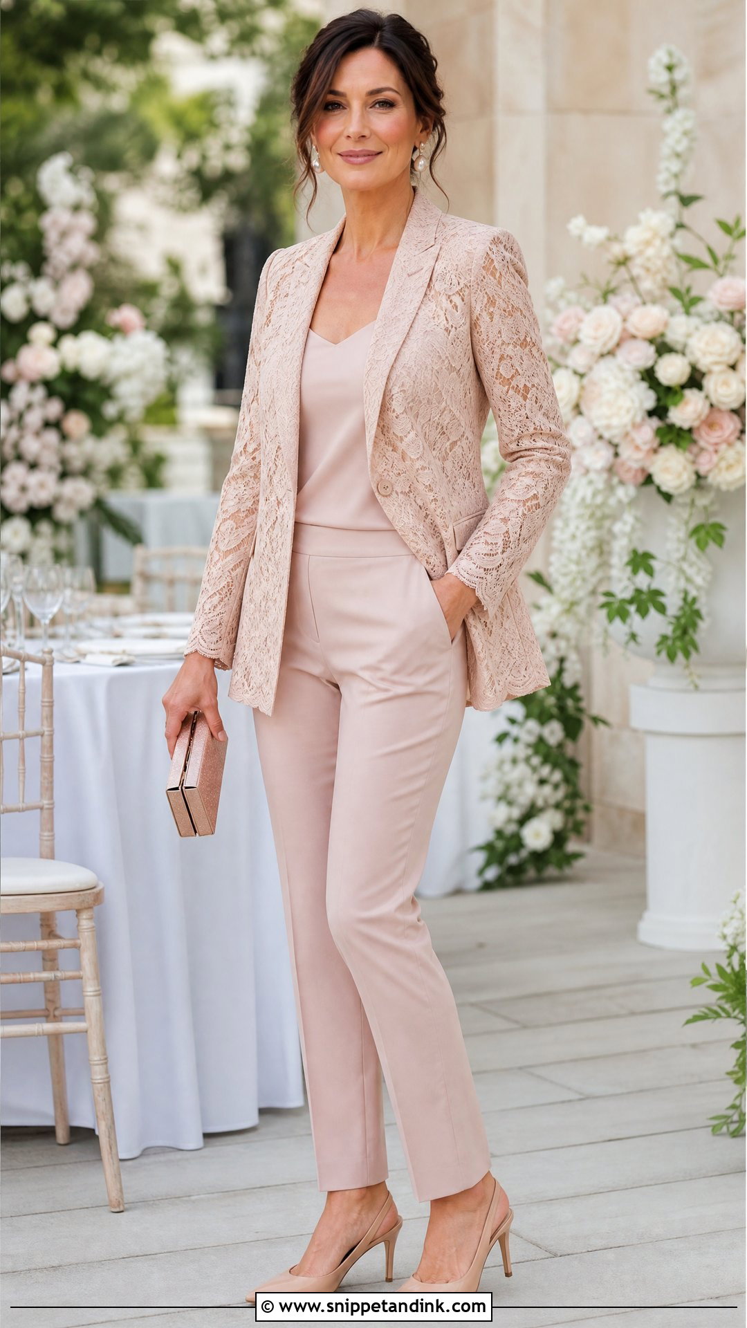 Blush Lace Pant Suit for Wedding Guest - Snippet and Ink - 20 Pants Suits for Women Wedding