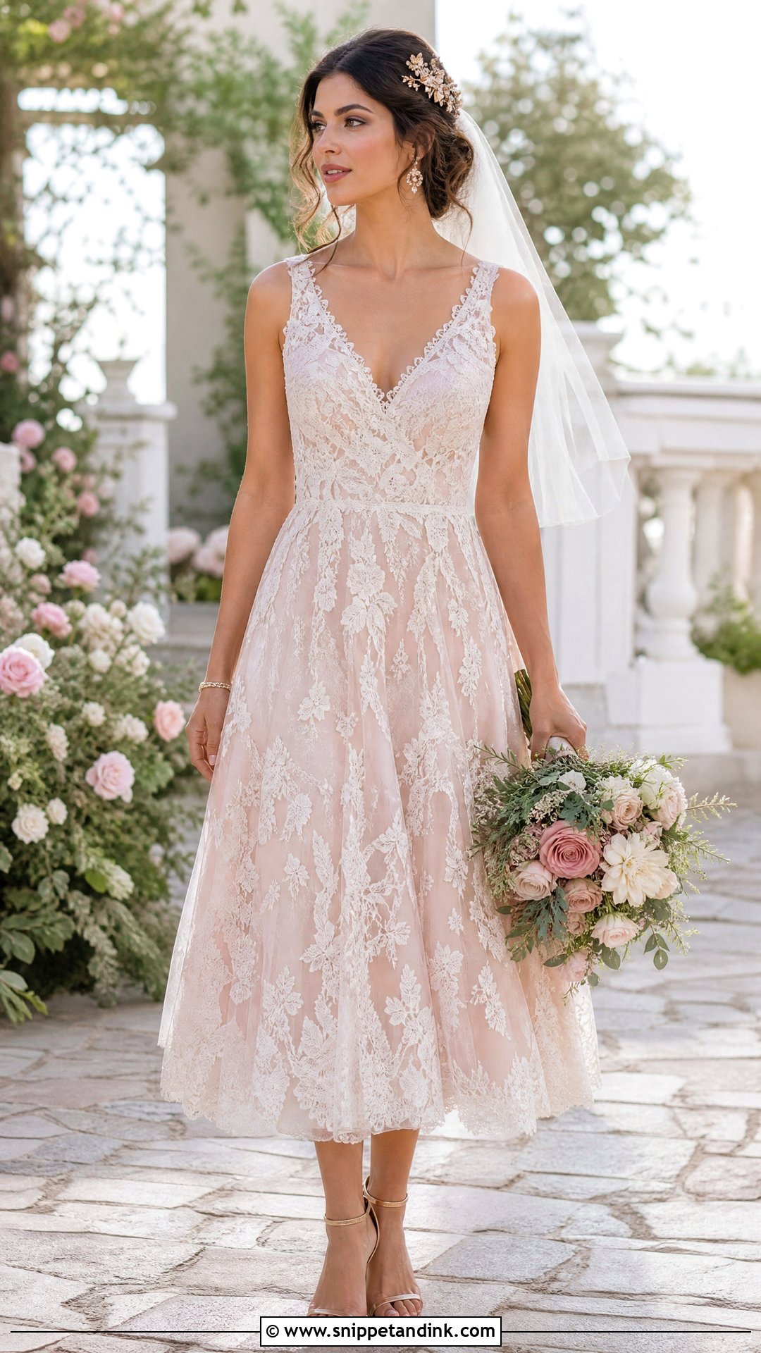 Blush Lace Tea Length Wedding Dress - Snippet and Ink - 20 Tea Length Wedding Dresses Lace