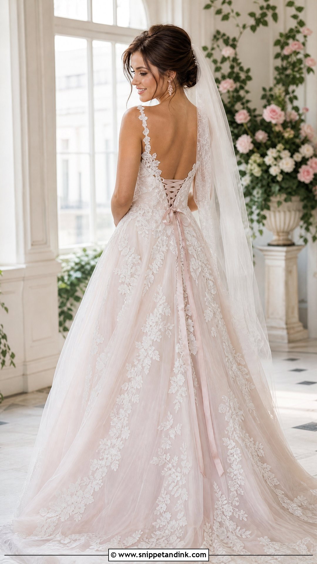 Blush Lace Up Back Wedding Dress - Snippet and Ink - 20 Lace Up Back Wedding Dress Ideas
