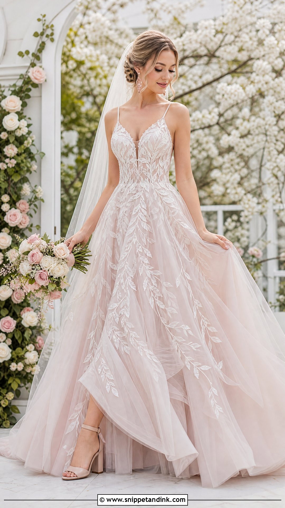 Blush Leaf Tulle Wedding Dress - Snippet and Ink - 20 Wedding Dress Leaves Ideas