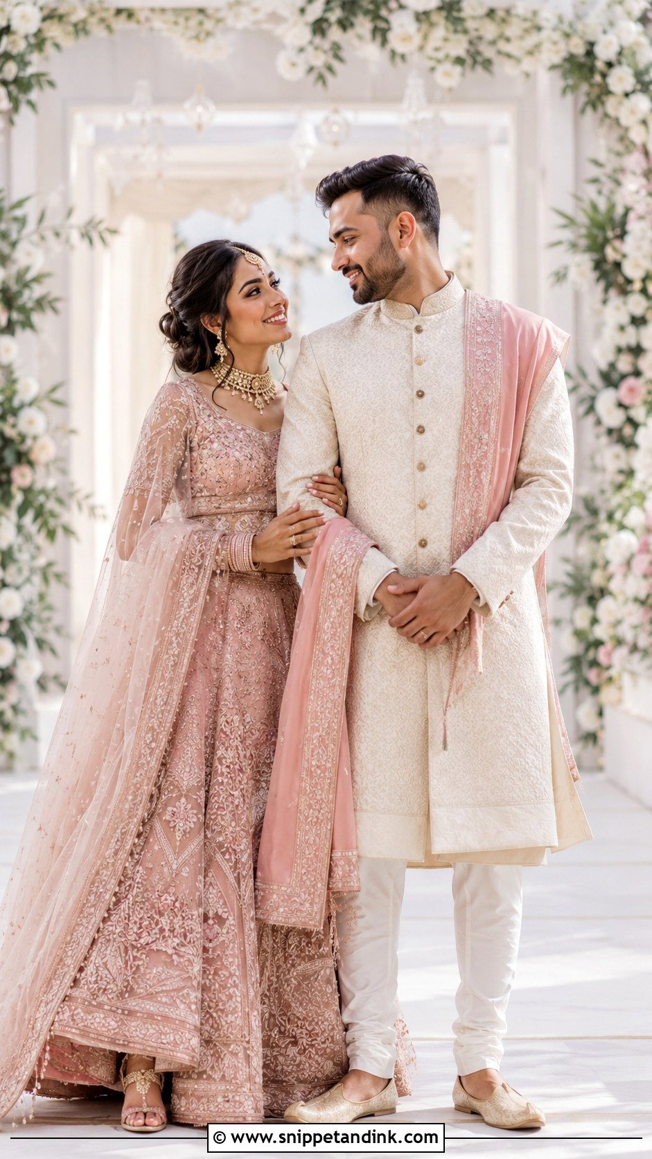 Blush Lehenga And Ivory Sherwani Wedding Outfit - Snippet and Ink - 25 Couple Contrast Outfits for Wedding
