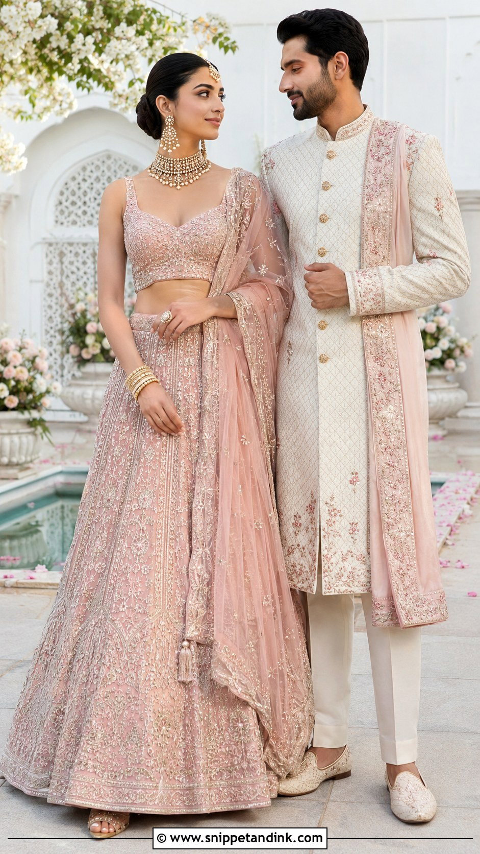 Blush Lehenga and Ivory Sherwani Couple Wedding Outfit - Snippet and Ink - 20 Couple Dress for Wedding Ideas