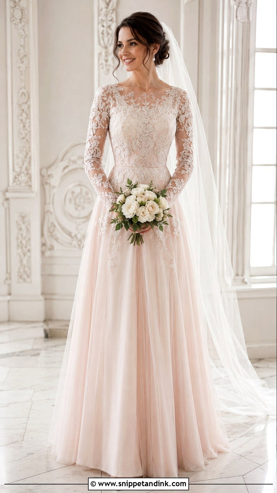 Blush Long Sleeve Wedding Dress - Snippet and Ink - 25 Blush Colored Wedding Dresses