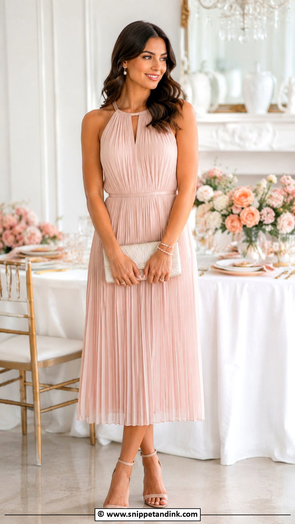 Blush Midi Dress Bridal Brunch Outfit - Snippet and Ink - 25 Bridal Brunch Outfit Ideas