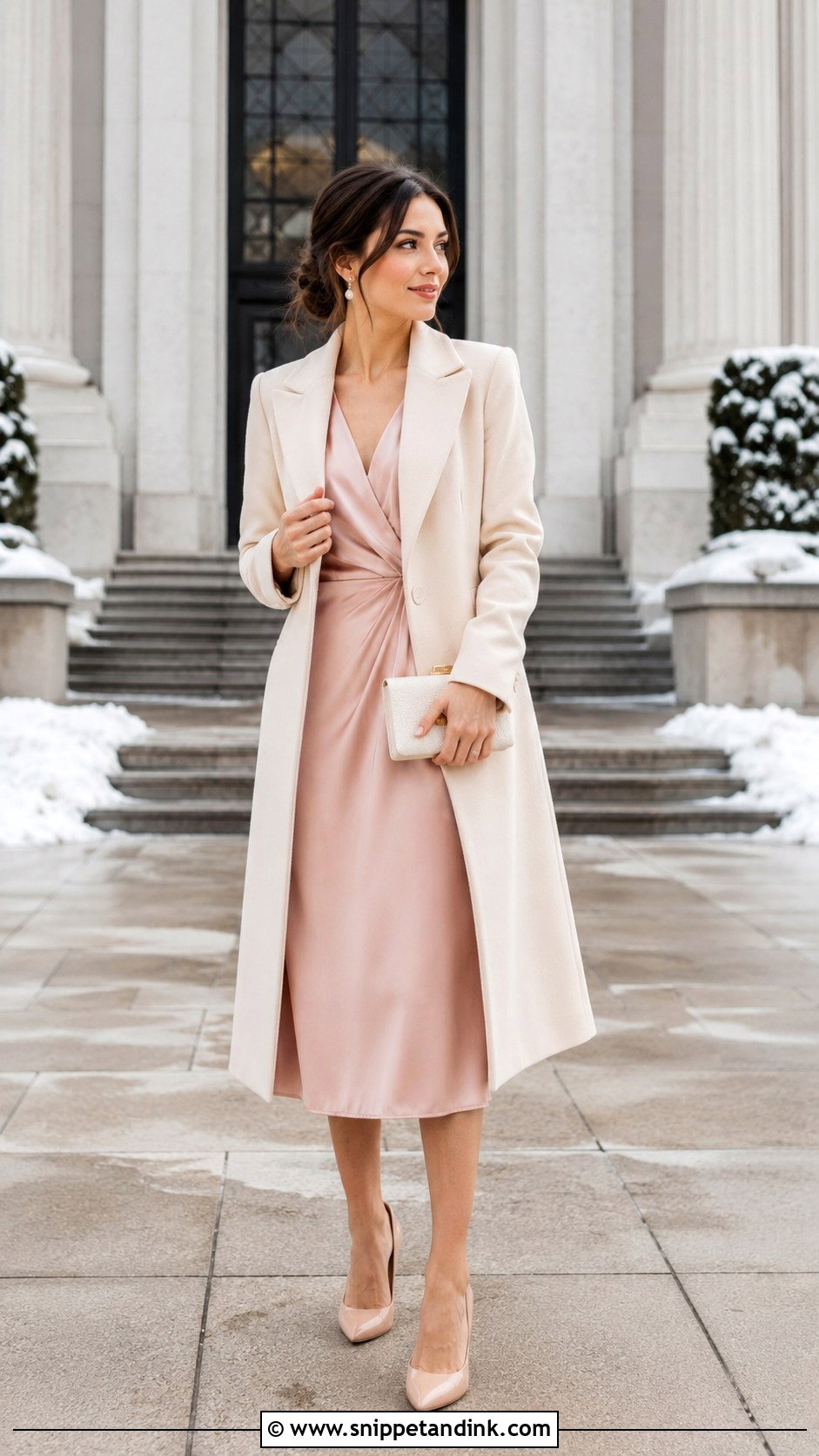 Blush Midi Dress With Cream Coat - Snippet and Ink - 25 Winter Civil Wedding Outfit Ideas