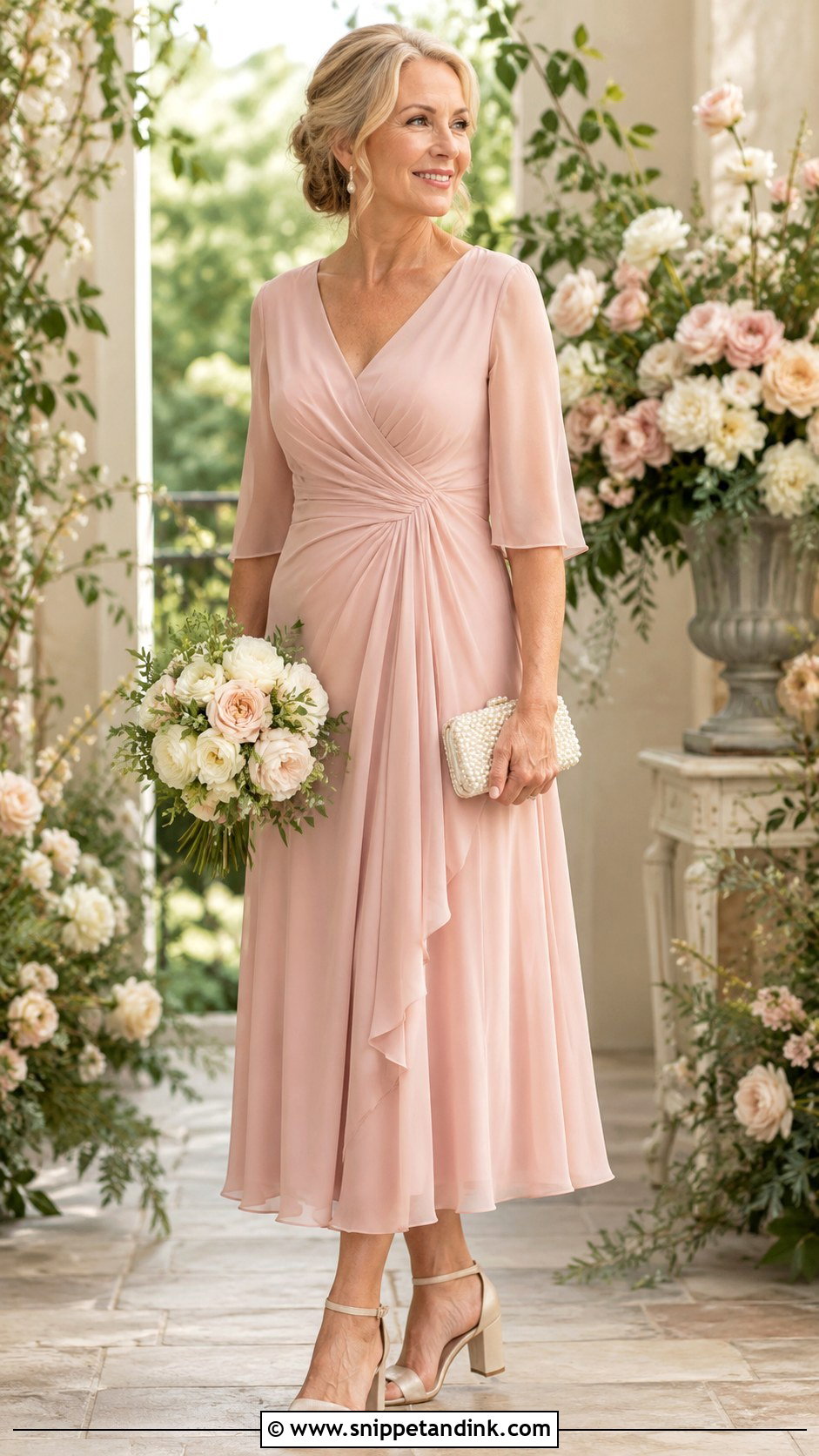 Blush Midi Wedding Dress With Metallic Heels - Snippet and Ink - 20 Casual Wedding Dress for Second Marriage Older Bride Ideas