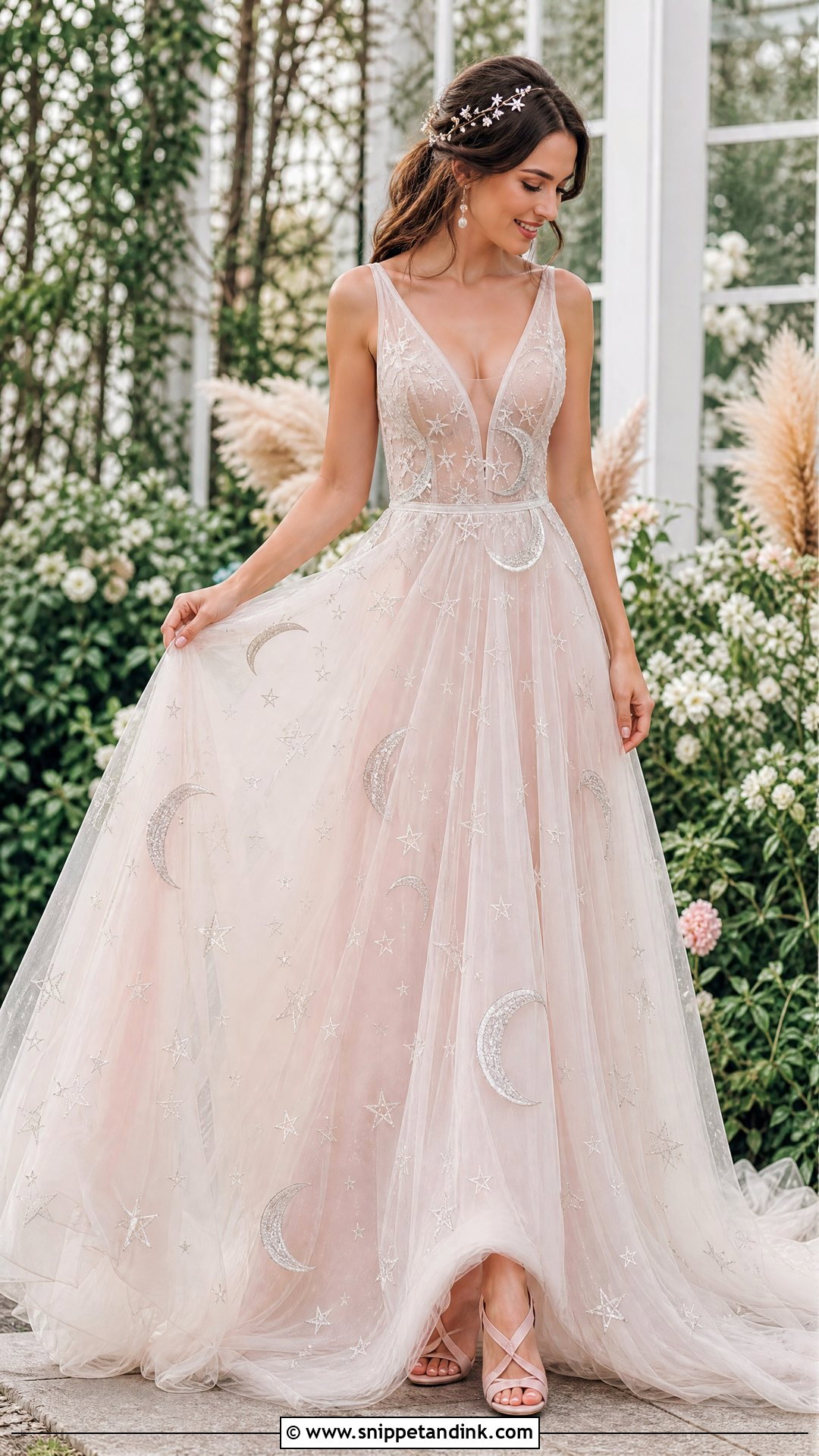 Blush Moon And Star Wedding Dress - Snippet and Ink - 20 Starry Wedding Dress Ideas