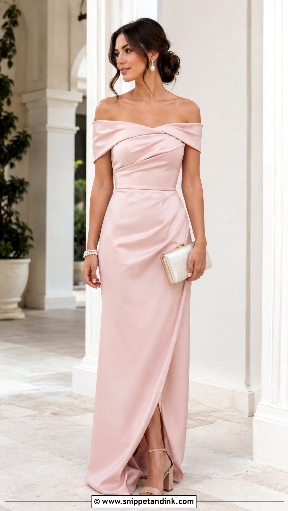 Blush Off Shoulder Gown With Pearl Jewelry - Snippet and Ink - 20 Simple Gown Ideas