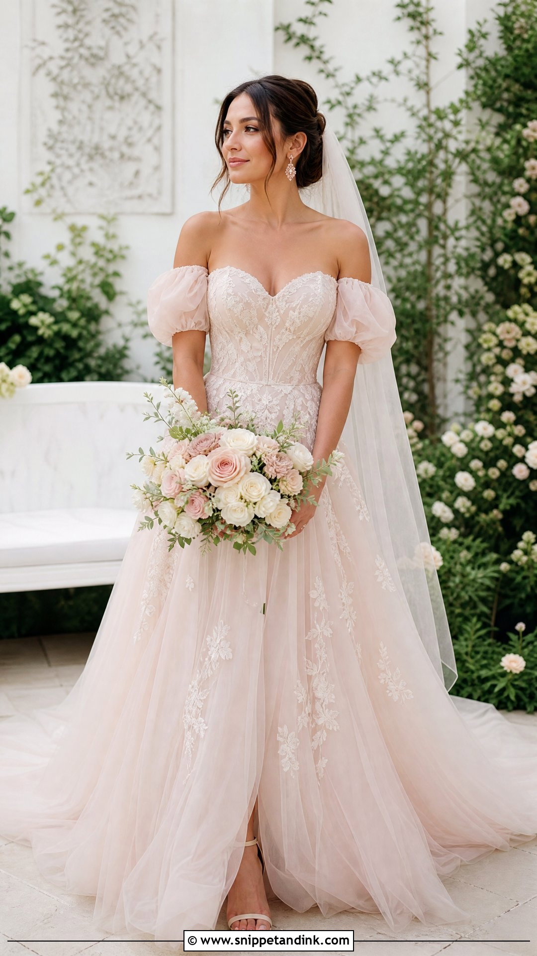 Blush Off Shoulder Puff Sleeve Wedding Dress - Snippet and Ink - 20 Off Shoulder Puff Sleeve Wedding Dress Ideas