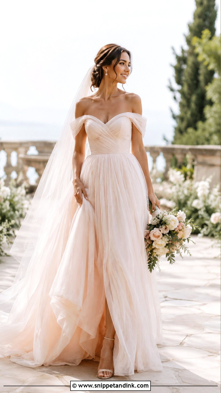 Blush Off Shoulder Wedding Dress - Snippet and Ink - 25 Blush Colored Wedding Dresses