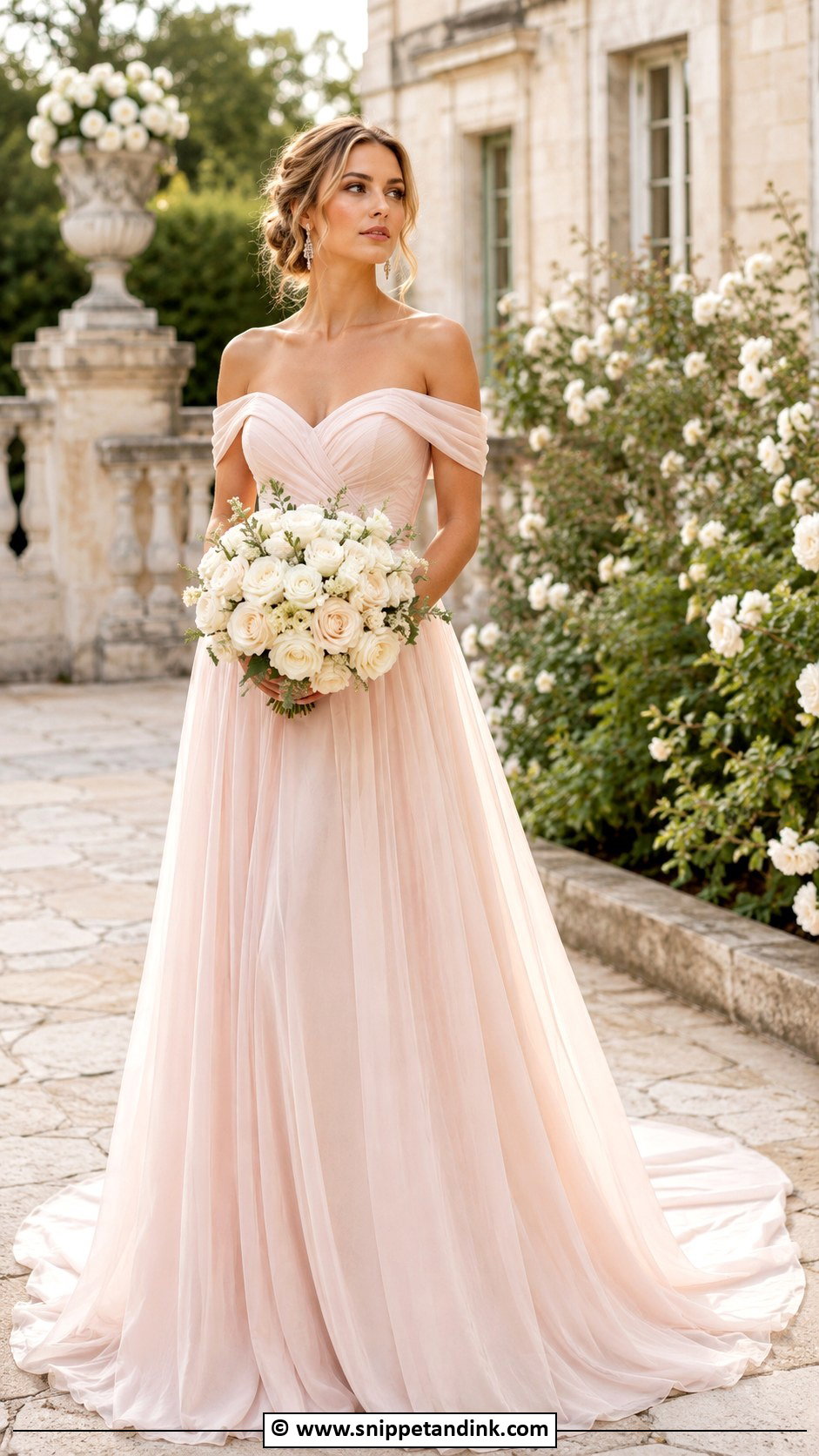 Blush Off Shoulder Wedding Dress - Snippet and Ink - 30 Blush Wedding Dress Ideas