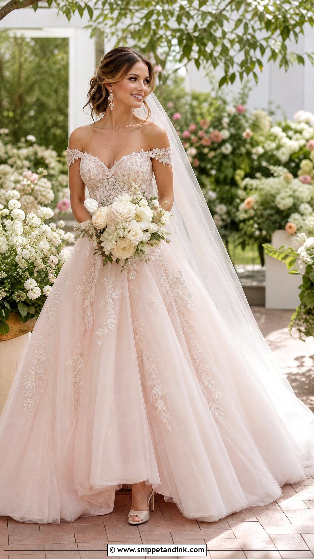 Blush Off the Shoulder Ball Gown Wedding Dress - Snippet and Ink - 20 Off the Shoulder Ball Gown Wedding Dress Ideas