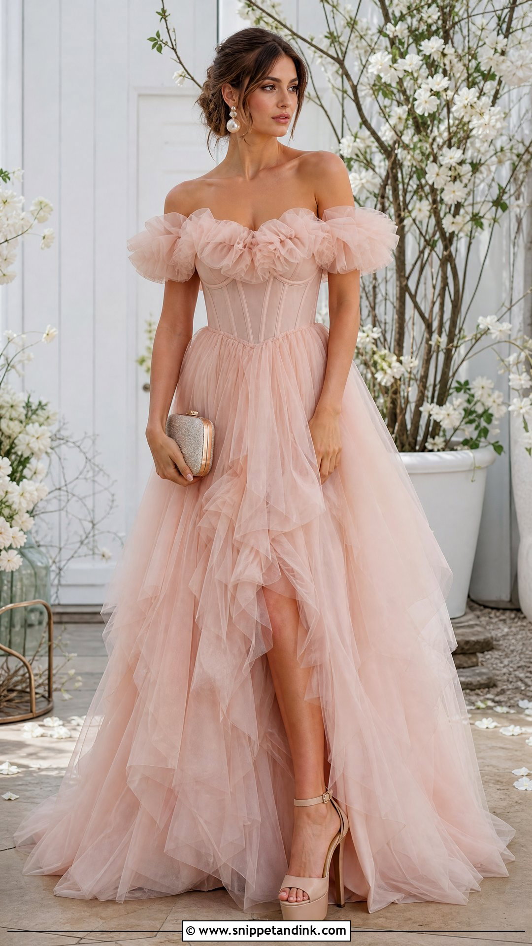 Blush Off the Shoulder Ruffle Ball Gown - Snippet and Ink - 20 Ruffle Ball Gown Ideas