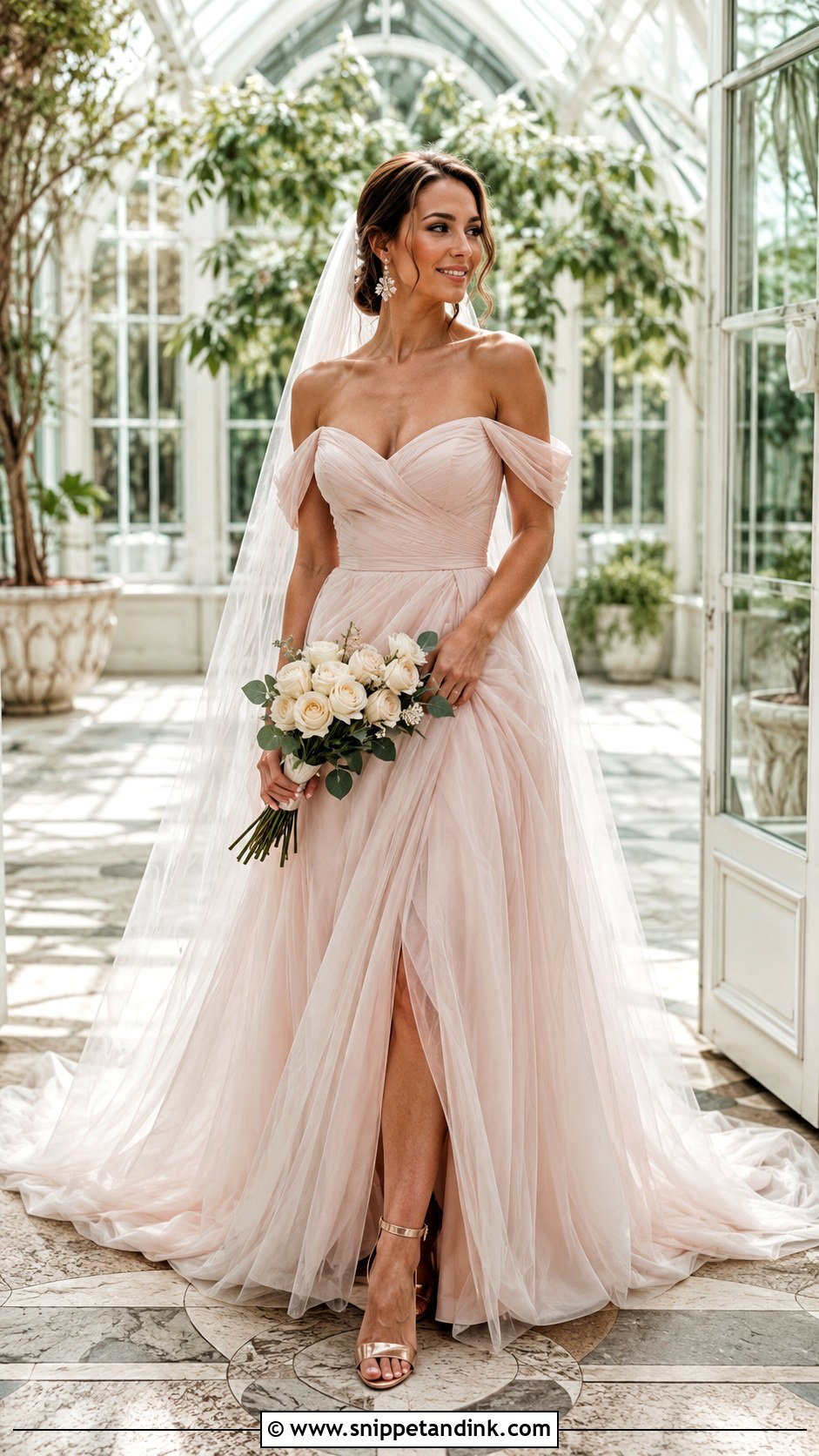 Blush Off the Shoulder Tulle Wedding Dress - Snippet and Ink - 20 Blush Wedding Dresses