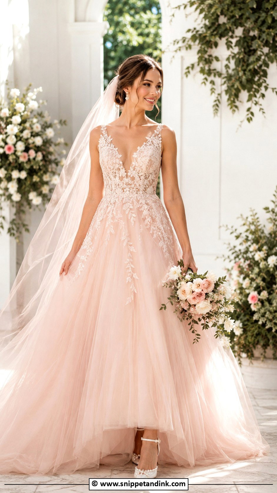 Blush Pink A Line Wedding Dress With Pearl Heels - Snippet and Ink - 30 Colorful Wedding Dress Ideas