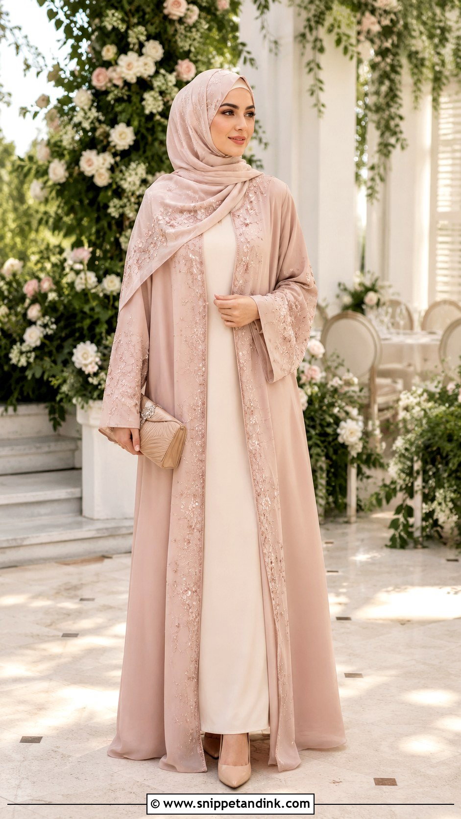 Blush Pink Abaya With Embroidered Hijab - Snippet and Ink - 25 Abaya Wedding Dress Ideas
