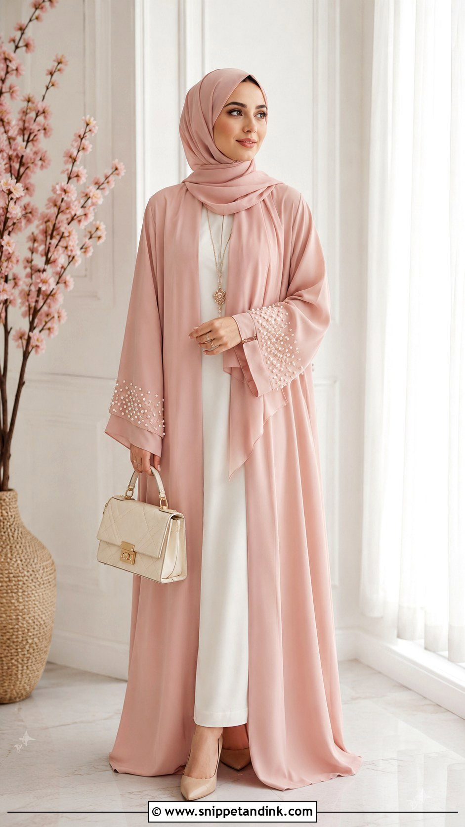 Blush Pink Abaya With Matching Hijab Outfit - Snippet and Ink - 30 Eid Mubarak Outfit Ideas