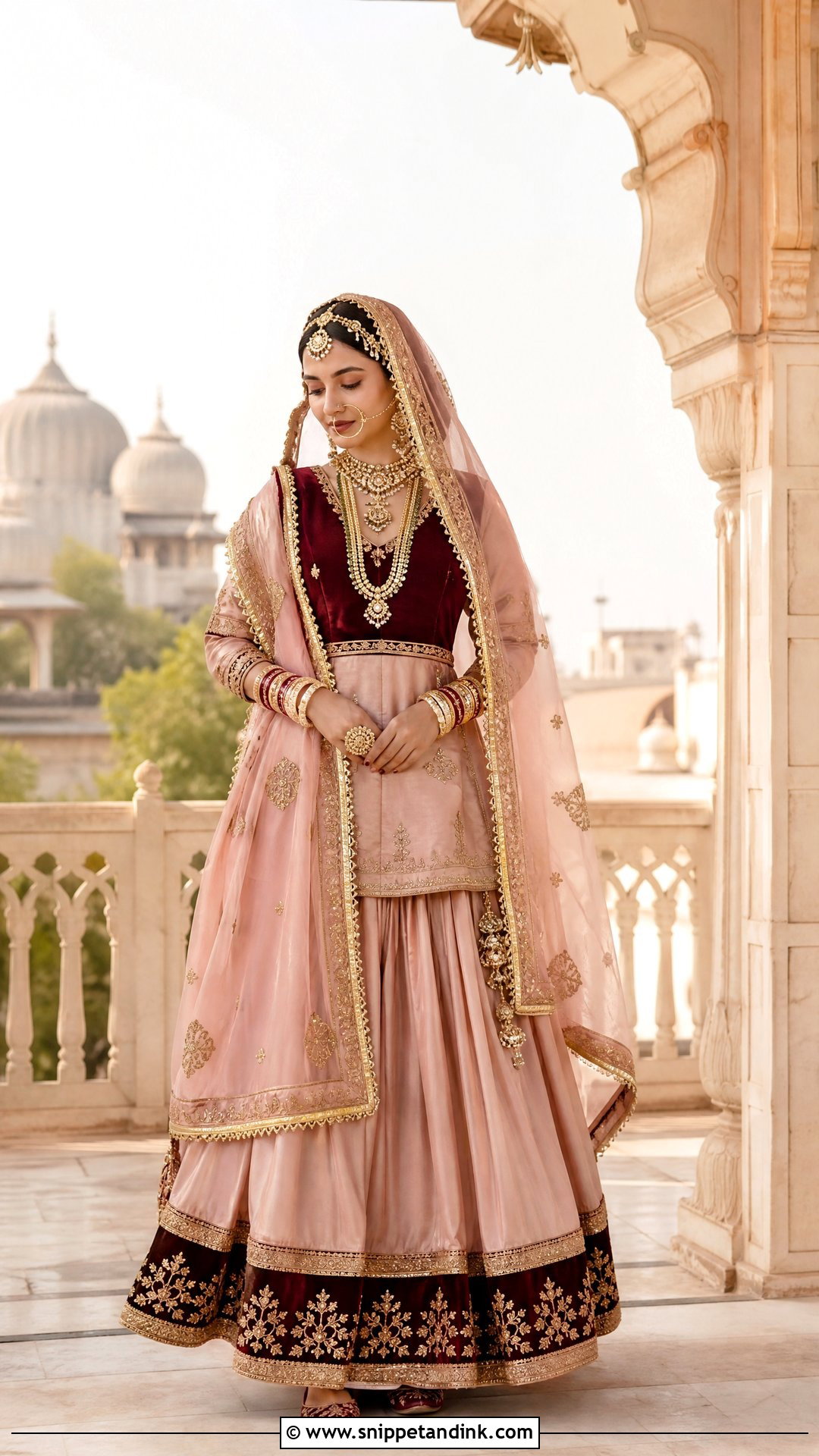 Blush Pink And Maroon Rajputani Bridal Poshak - Snippet and Ink - 20 Rajputani Poshak for Bride Ideas