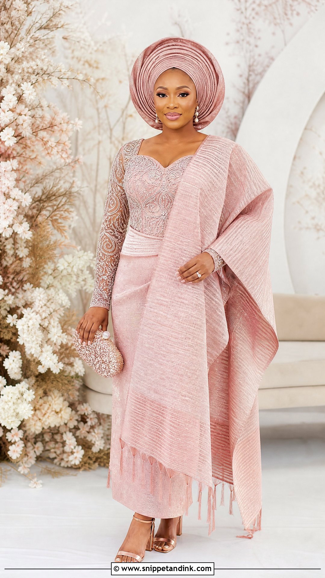 Blush Pink Aso Oke Bridal Attire - Snippet and Ink - 25 Yoruba Bride Traditional Attire Ideas