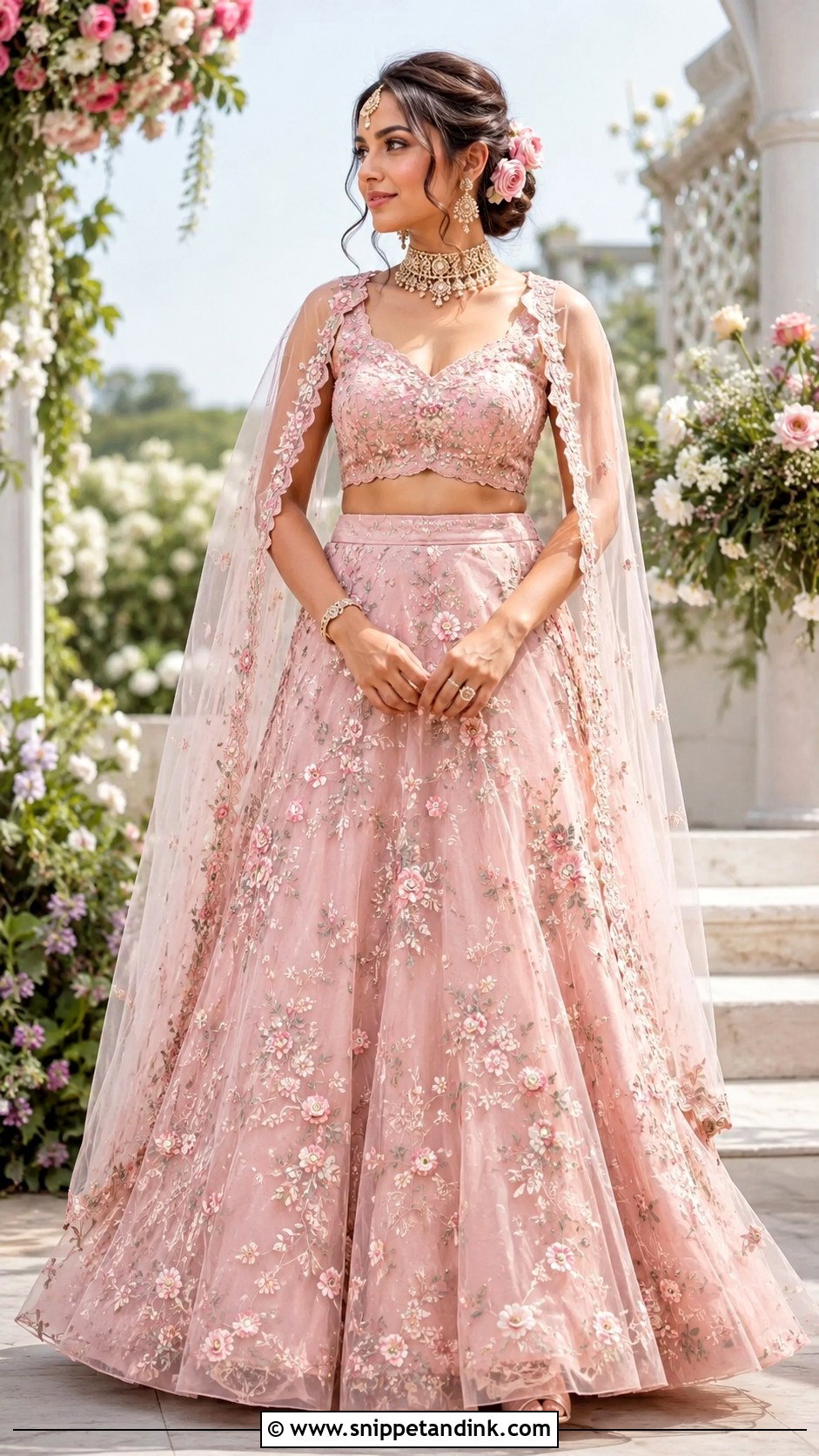 Blush Pink Bridal Langa With Floral Embroidery - Snippet and Ink - 20 Bridal Langa Ideas