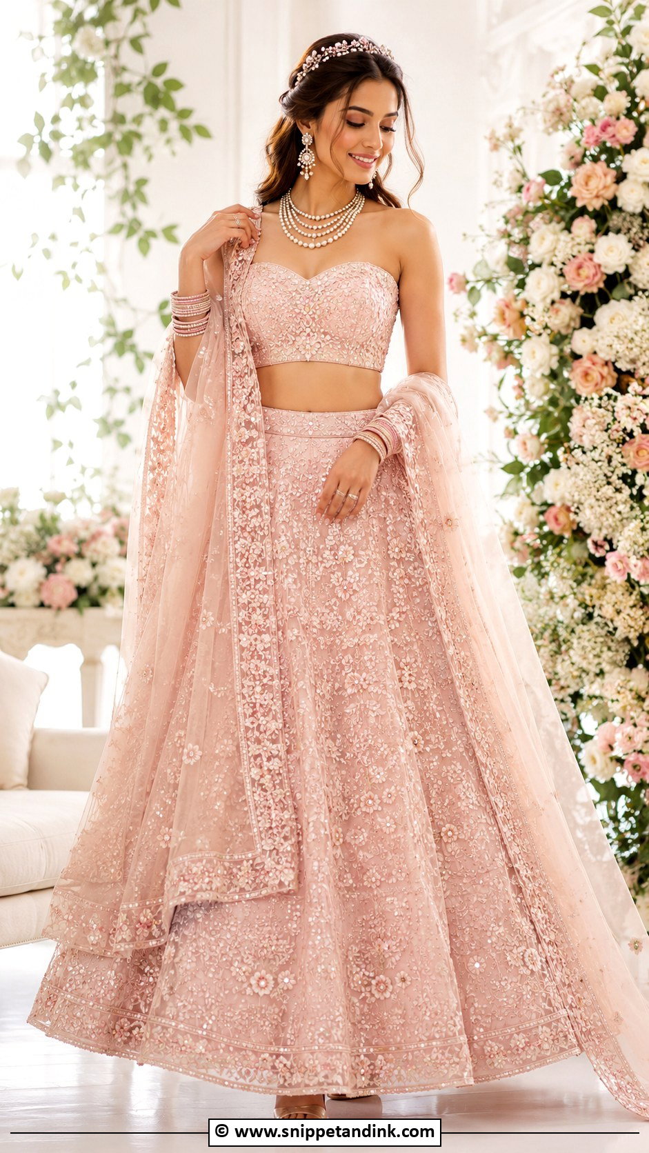 Blush Pink Bridal Lengha With Pearl Jewelry - Snippet and Ink - 30 Bridal Lengha Ideas