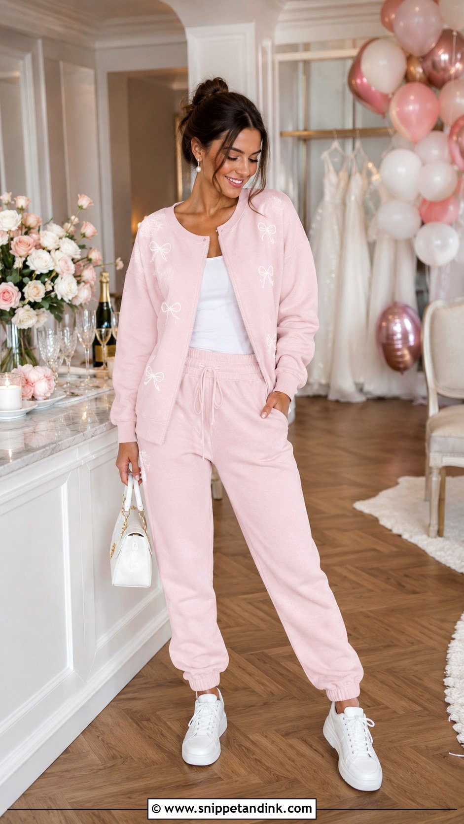 Blush Pink Bride Sweatsuit With White Accessories - Snippet and Ink - 20 Bride Sweatsuit Ideas