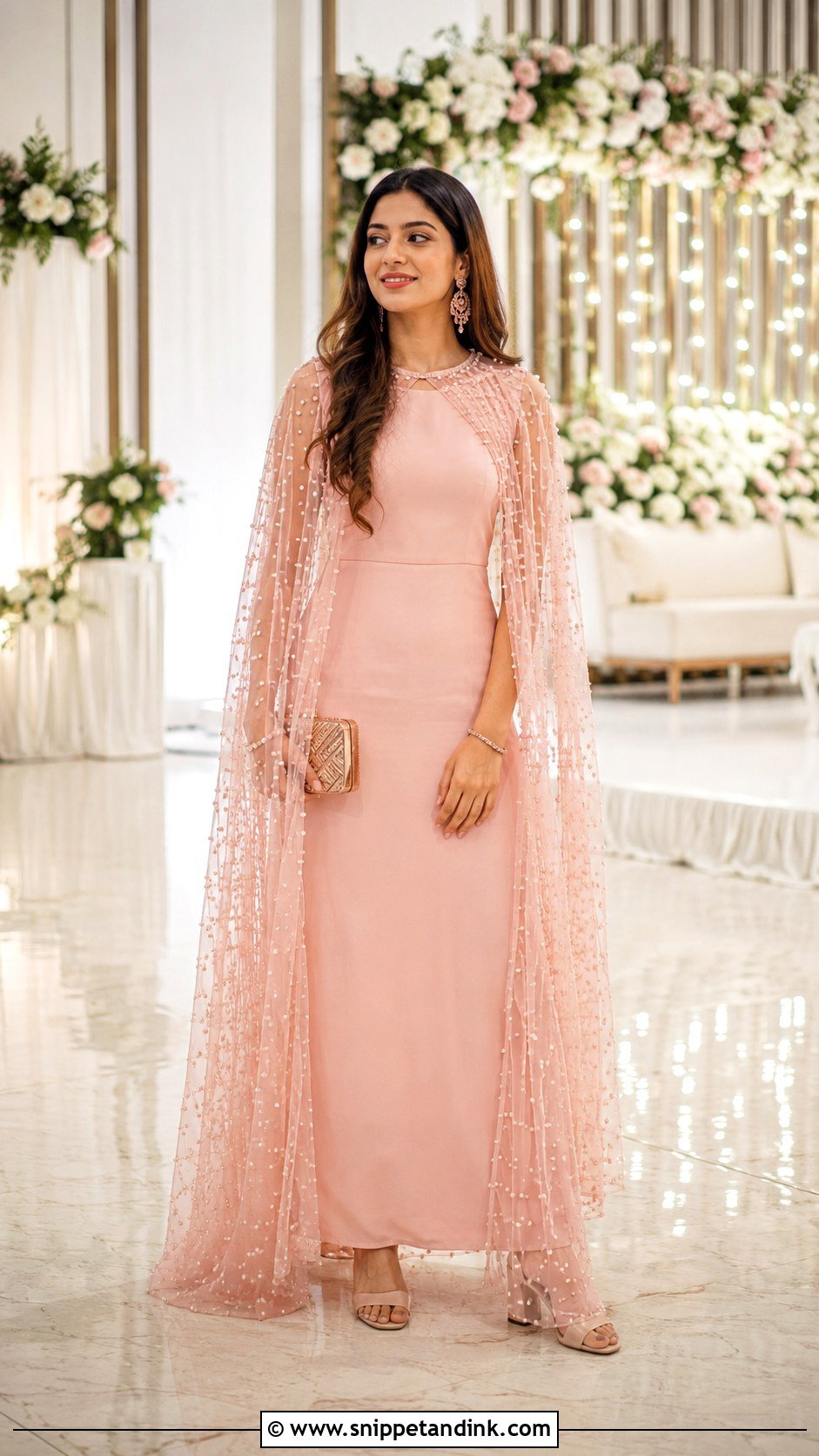 Blush Pink Cape Gown for Sangeet Function - Snippet and Ink - 20 Gown for Sangeet Function Ideas